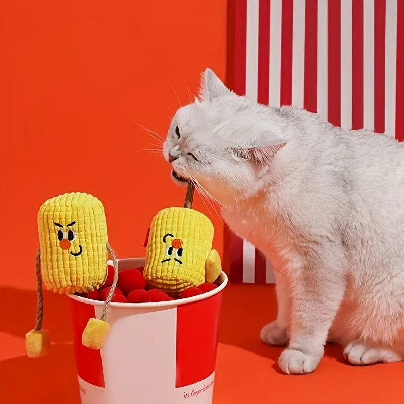 Polio wood corn cob shaped cat toy for dental cleaning with catnip, dimensions 7cm by 6cm by 15cm