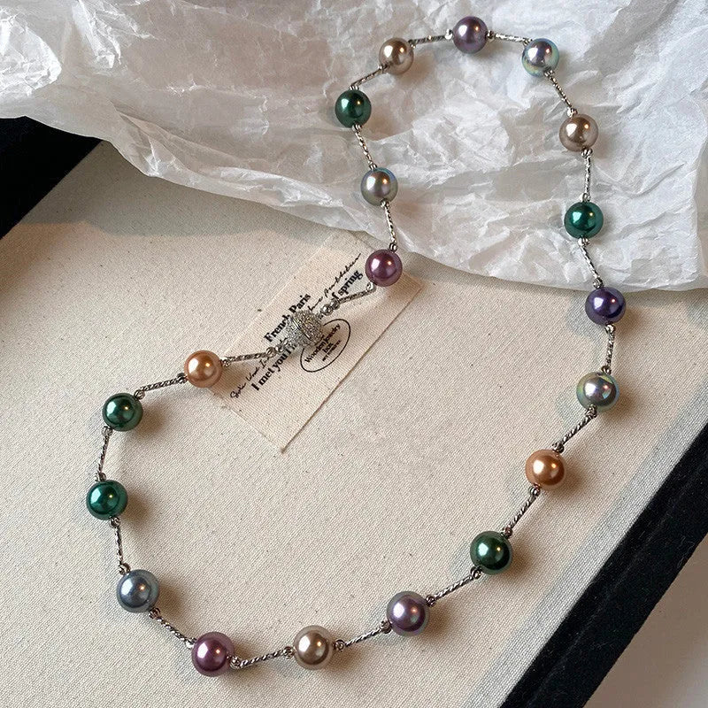 Mixed color Shijia pearl necklace with round ball magnetic buckle and real gold plated copper inlaid zircon pendant