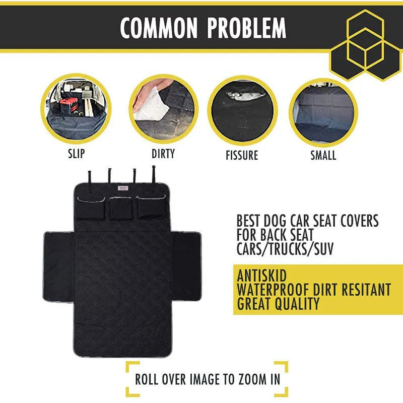 Black 600D Oxford cloth pet car trunk mat measuring 185x103cm with pockets for dog travel