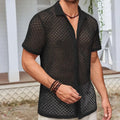 Men's cotton blend short sleeve summer shirt with lapel collar in black colour