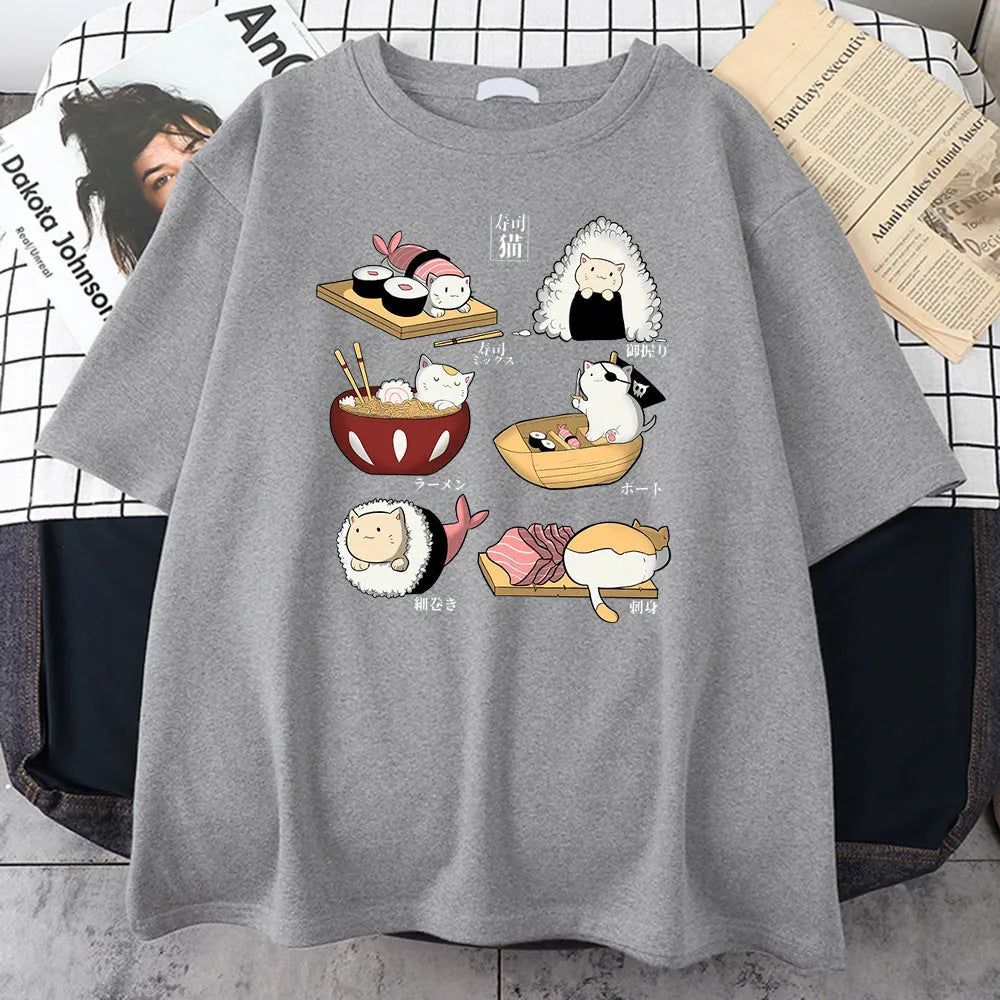 Men's black cotton t-shirt with cute cat sushi cartoon print, loose fit short sleeve design