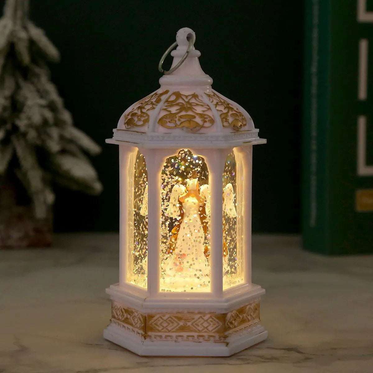 Plastic small night lamp with modern simplicity design in five Christmas colours: red old man, white snowman, green tree, brushed gold Jesus, white angel