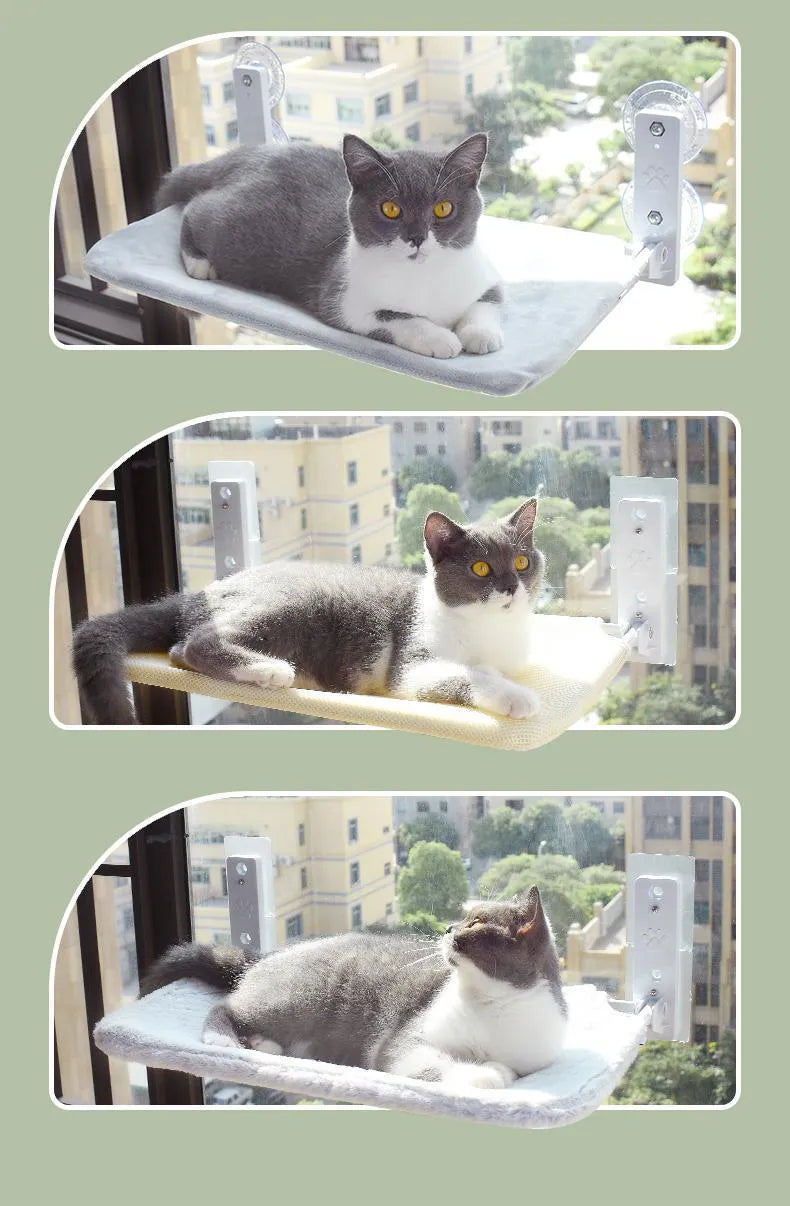 Cat resting on a suction cup window hammock made of plush fabric and steel in beige colour