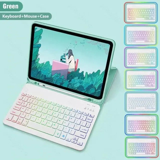 iPad in a colourful TPU leather case with a built-in luminous RGB backlit Bluetooth keyboard and stand open.