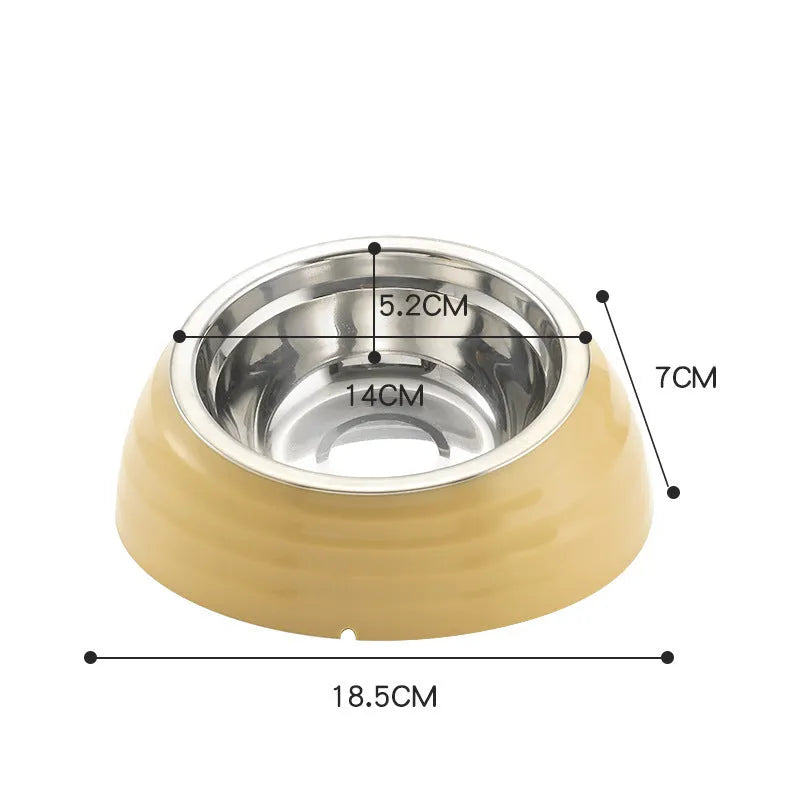 Stainless steel cat bowl in a beige plastic base