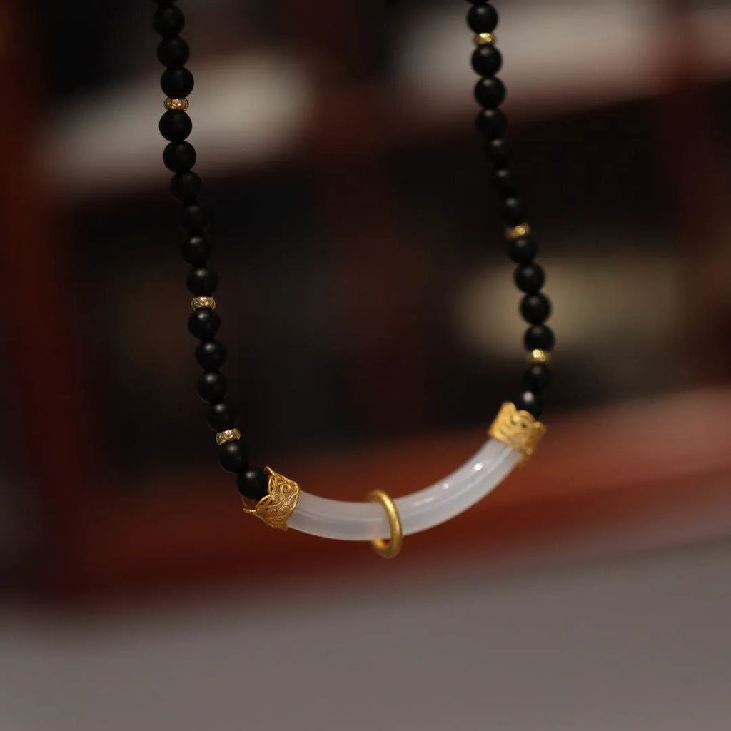 Natural frosted black agate white chalcedony necklace with 925 silver pendant on ball bead chain, matte black colour