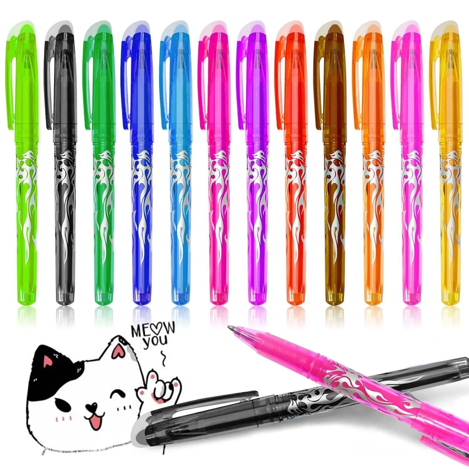 Heat-erasable gel pen set with stainless steel nibs in multiple colours for office and school use