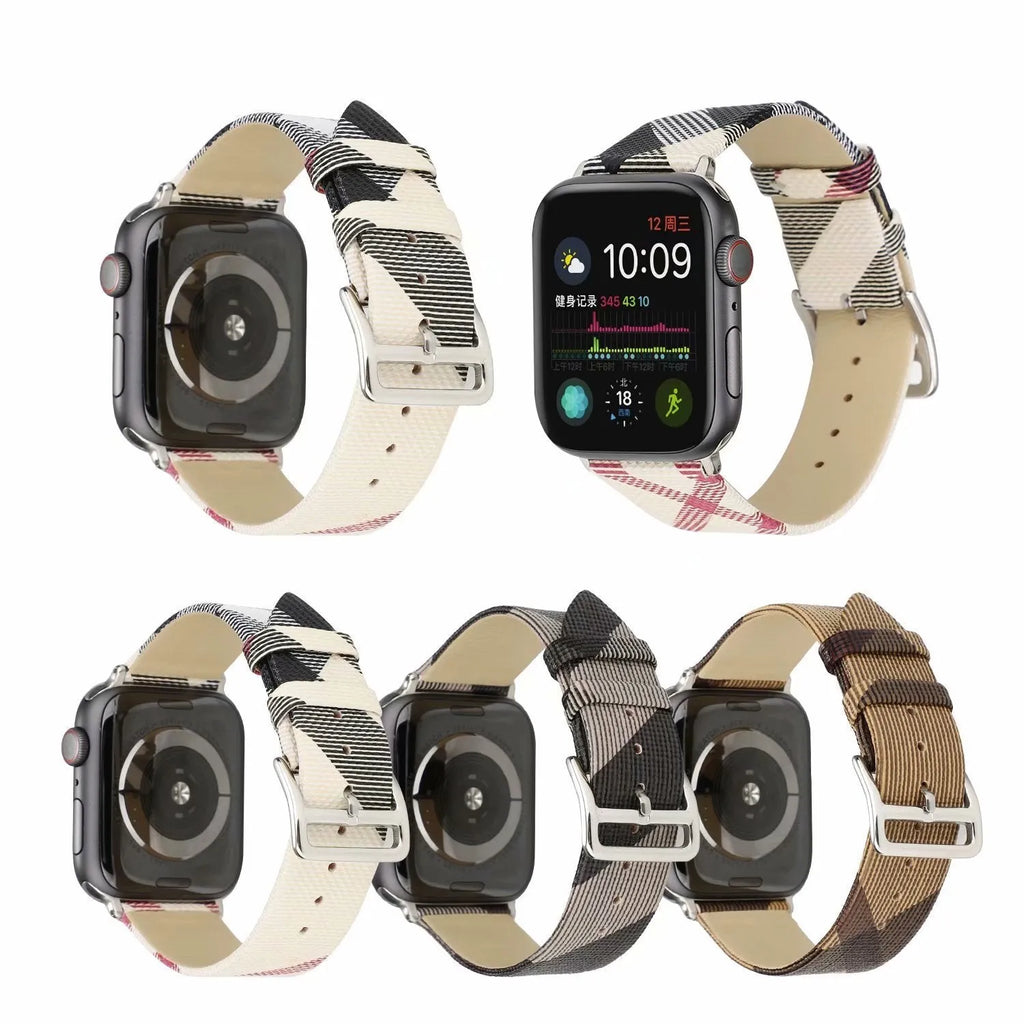 Grey plaid leather-style PU watch strap for 38/40mm or 42/44mm watch cases on a white background