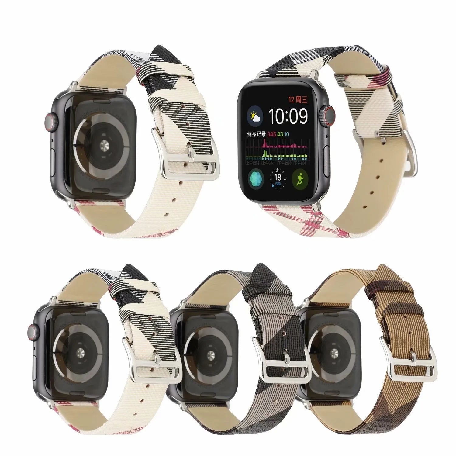 Grey plaid leather-style PU watch strap for 38/40mm or 42/44mm watch cases on a white background
