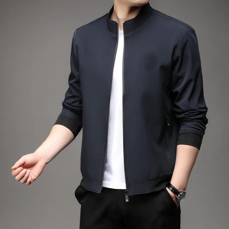 Korean style loose fit men's autumn jacket in black, shown with zip front and pockets