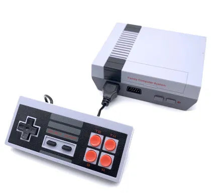Compact grey NES-style retro game console with two rectangular controllers on a white background.
