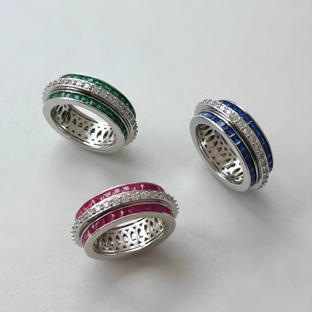 Rotary decompression ring S925 sterling silver with diamond inlay, geometric round shape, women's size 7 blue colour