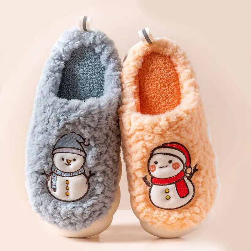 Cute snowman indoor slippers with soft plush upper and anti-slip sole, available in multiple colours