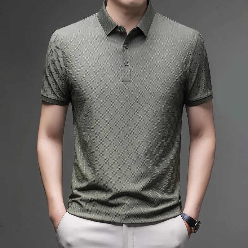 Rhombus brand thin ice silk short sleeve T-shirt for men in black, showing V-neck with slit detail.
