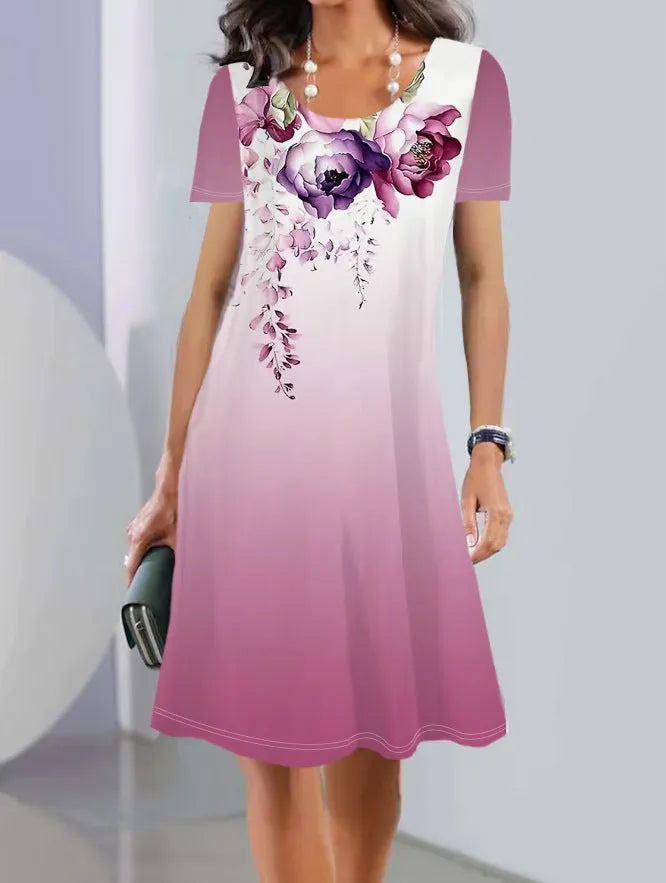Women's ice silk A-line midi dress with short sleeves and a painted botanical print