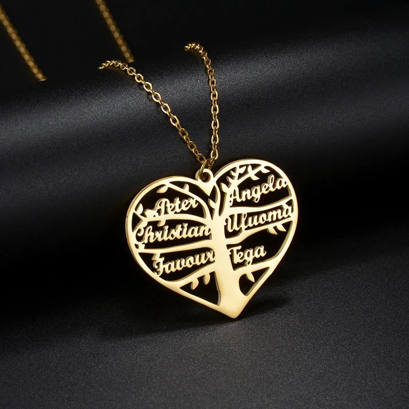 Personalised stainless steel necklace with hollow heart and lucky tree pendant showing custom name engraving