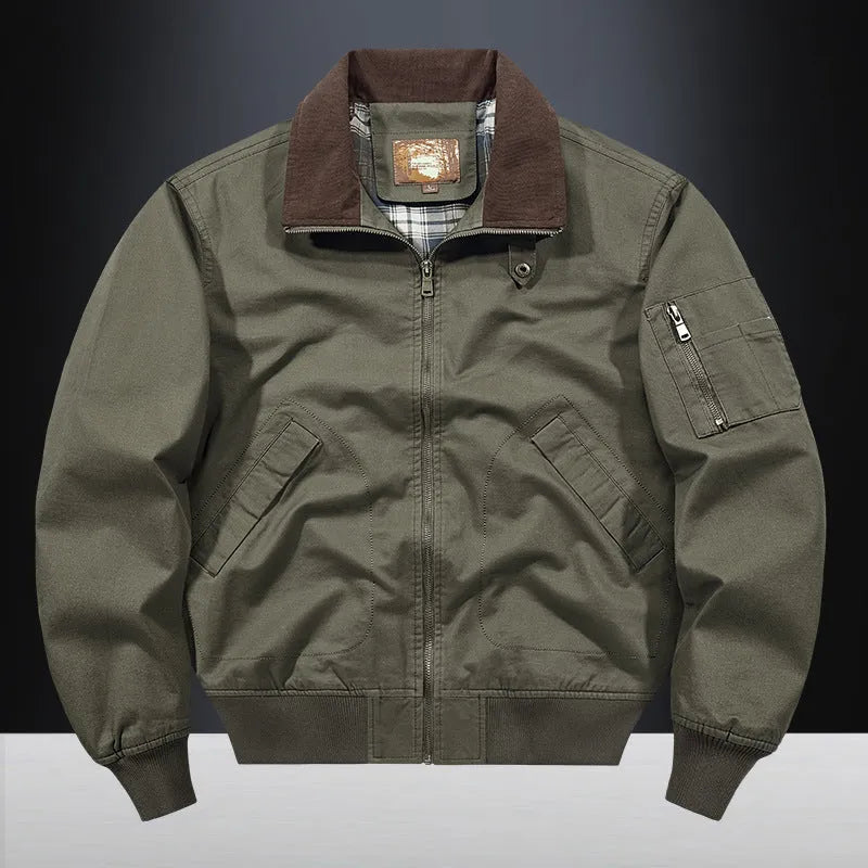 Men's plus size washed cotton baseball flight jacket shown in army green colour.