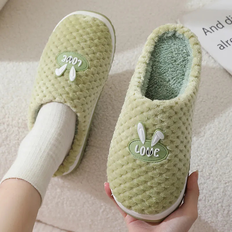 Women's plush rabbit plaid house slipper with thick sole, shown in a solid colour option.