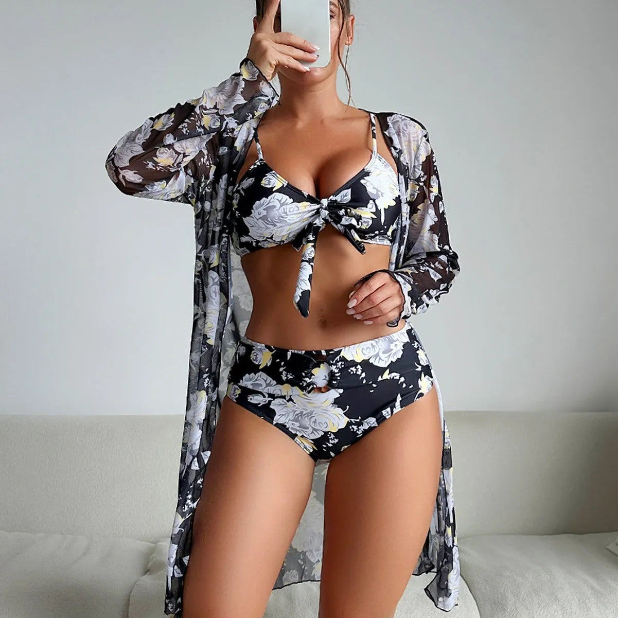 Women's multi-color printed three-piece bikini swimsuit in polyester high-elasticity fabric for swimming and wading
