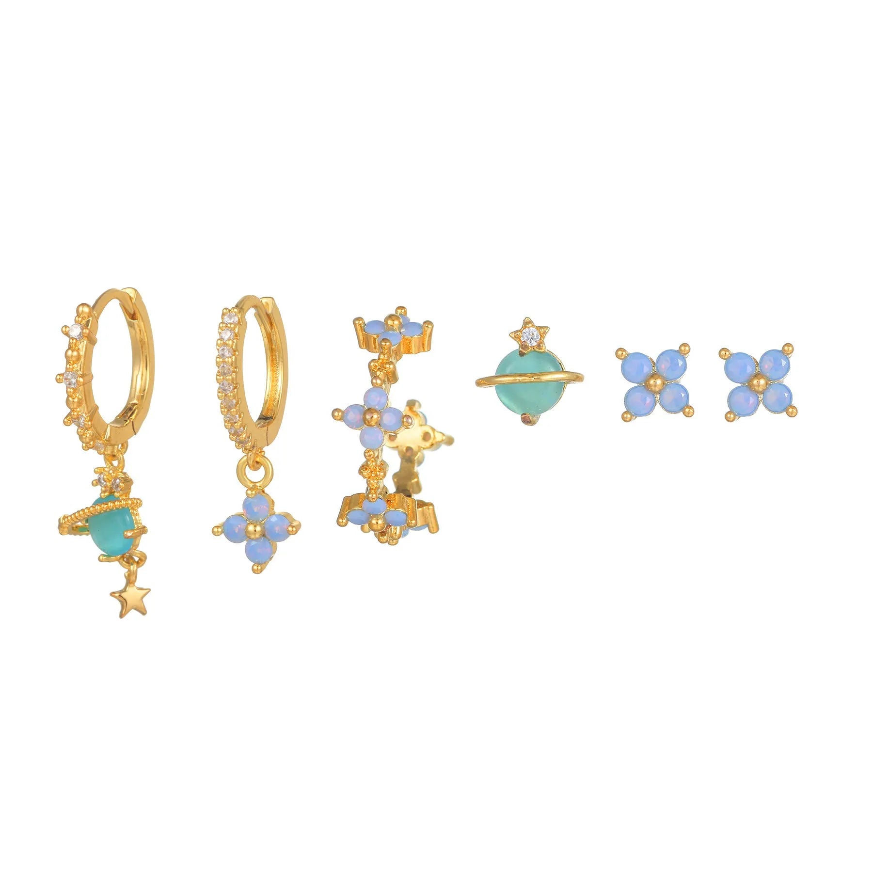 Japanese Korean style sweet girl flower earrings with blue protein flower nail and zircon detailing