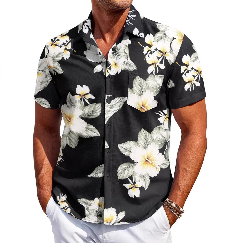 Men's slim fit Hawaiian short sleeve shirt in elastic polyester fabric