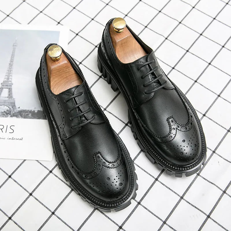 Men's black and brown brogue shoes with round toe and classic business styling