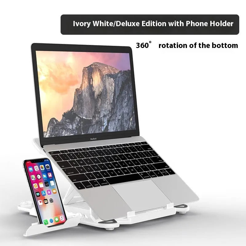 Black and white ABS plastic laptop cooling stand with rotating and non-rotating base options.
