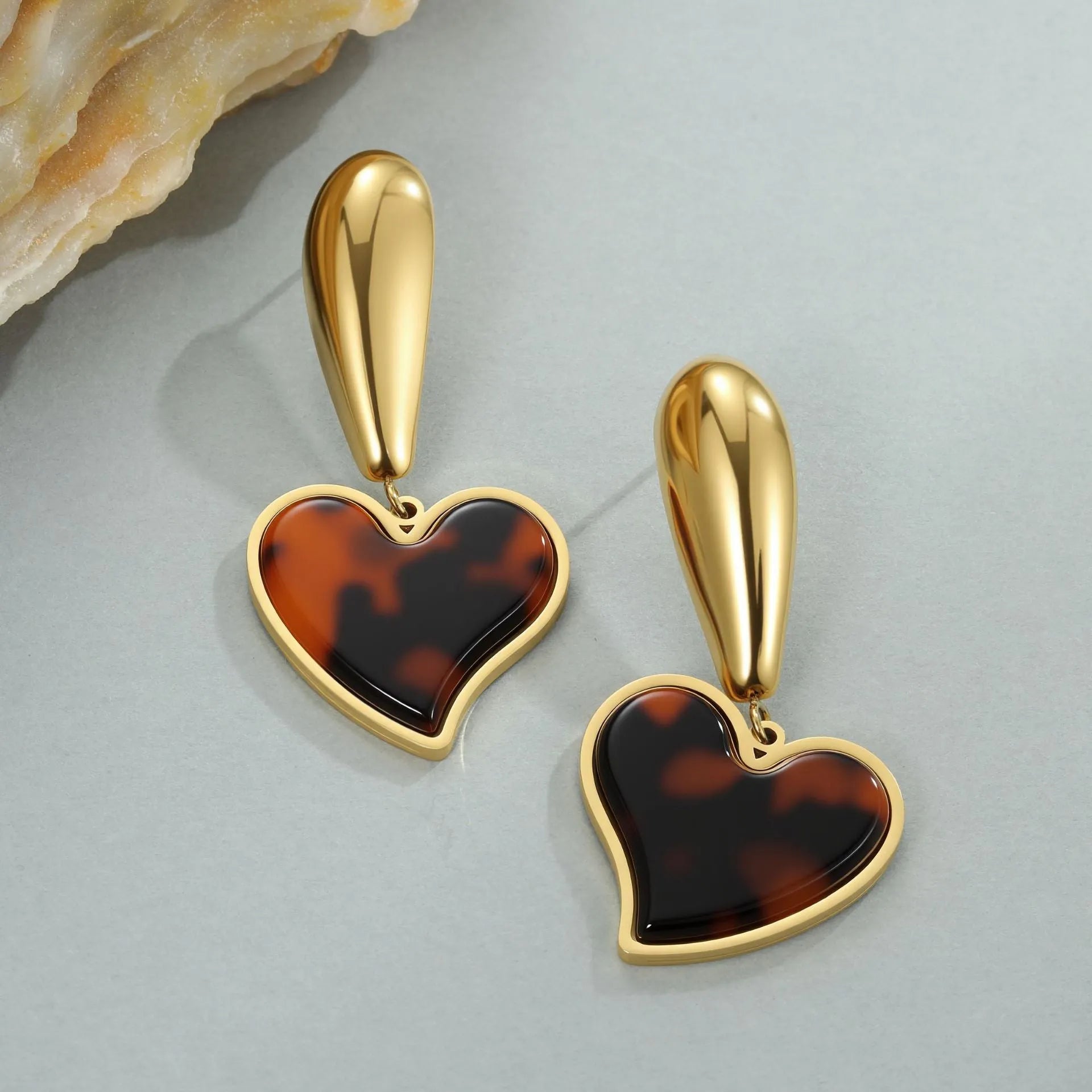 Tortoiseshell resin hawksbill colour earrings with 18K gold electroplating on stainless steel