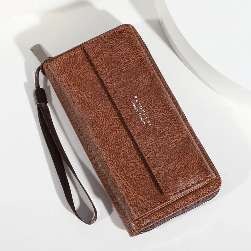 Men's PU leather wallet with multiple card slots in casual long design showing black colour option
