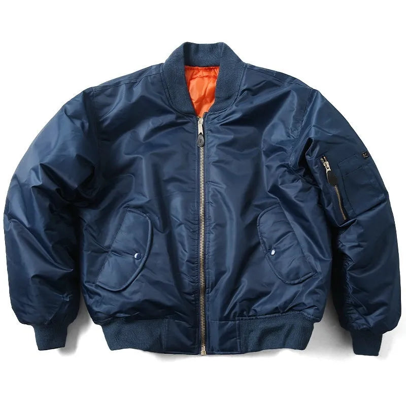 Men's loose fit army green nylon pilot jacket with cotton padding on a mannequin.