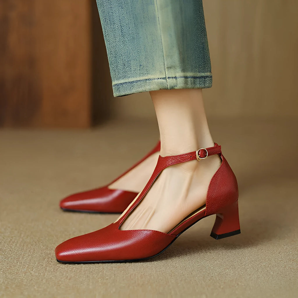 Wine red retro square toe chunky heel sheepskin leather shoes with buckle fastening.