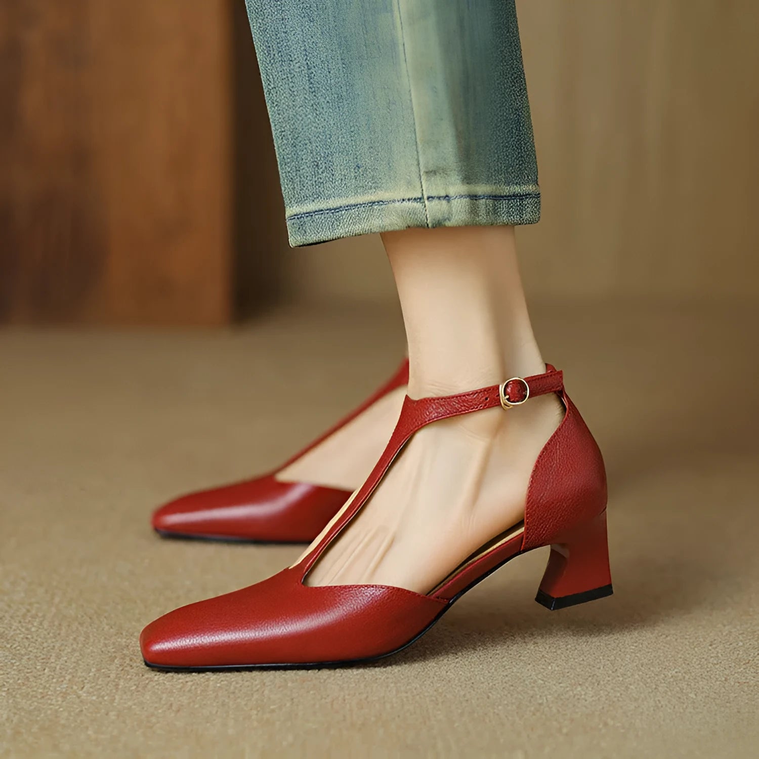 Wine red retro square toe chunky heel sheepskin leather shoes with buckle fastening.