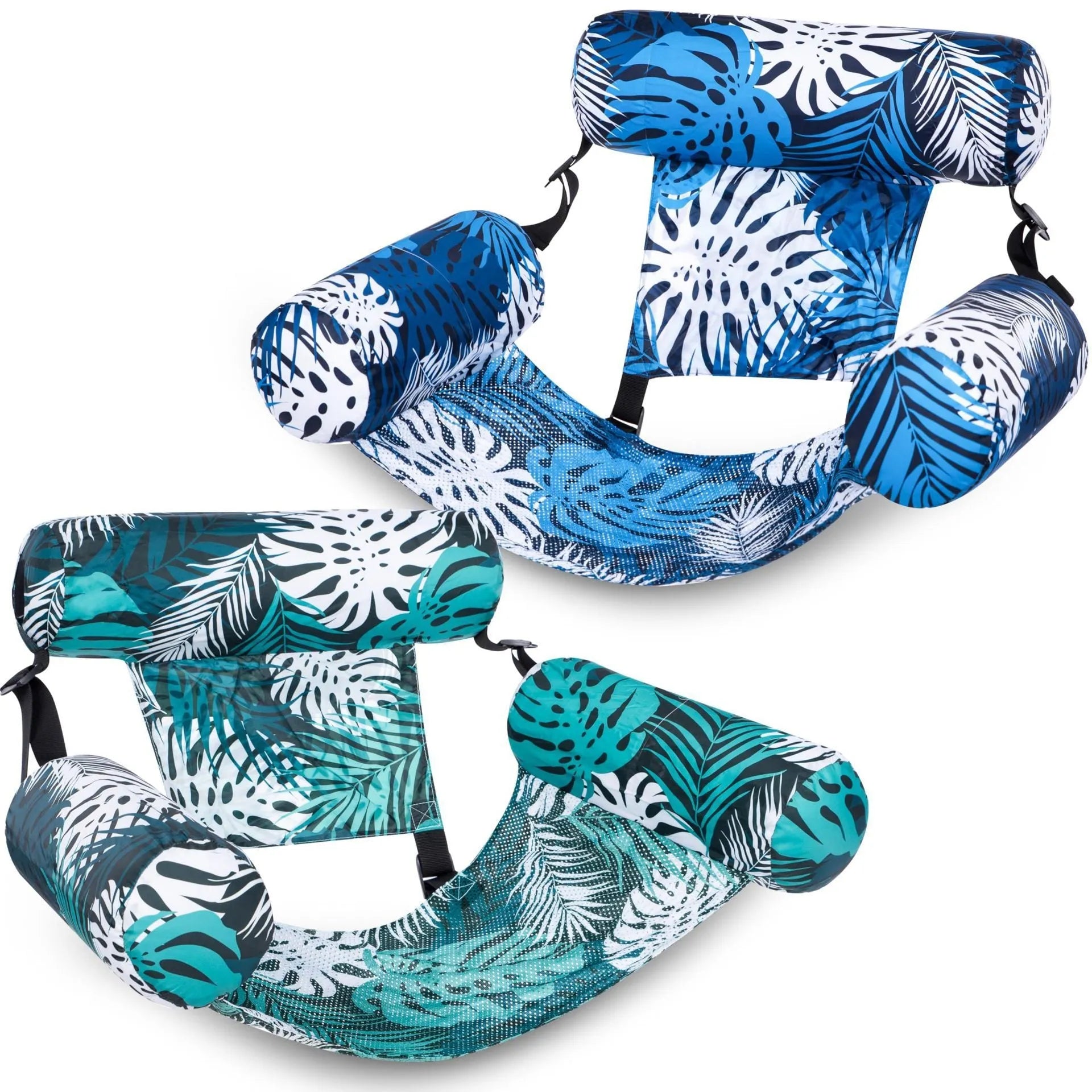 Inflatable floating hammock chair in blue leaves pattern, made of ordinary PVC, for pool or lake use