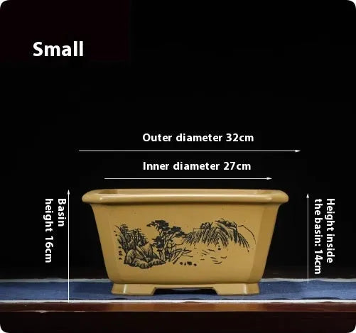 Large Chinese-style purple clay flower pot for indoor bonsai and plants.