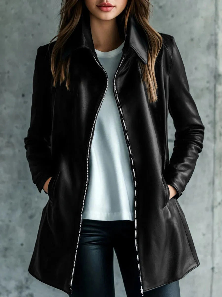 Women's black medium-length leather jacket with long sleeves on hanger