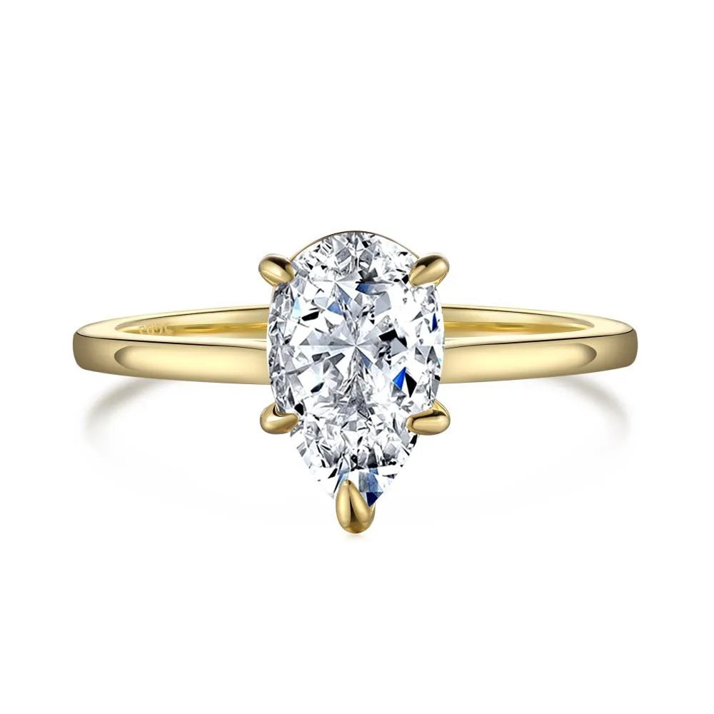 Sterling silver ring with pear-shaped high-grade zircon inlay, closed band, electroplated finish, multiple colours available