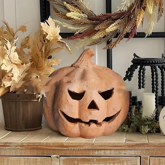 Synthetic resin pumpkin lamp on a doorstep, 19cm height with warm light, modern simplicity style for Halloween