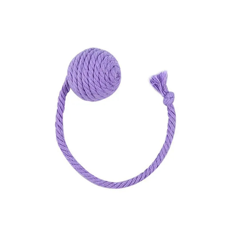 Cat toy ball with rope in four colours: green, pink, purple, and yellow