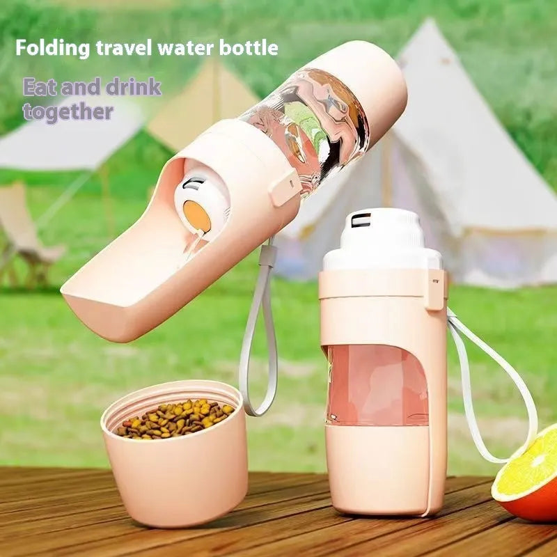 Grey portable 2-in-1 dog water bottle and feeder with drinking cup and lanyard
