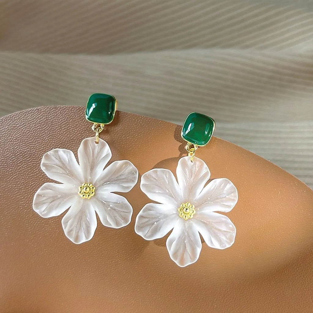 Dark green alloy earrings with needle flowers design and sterling silver-style finish