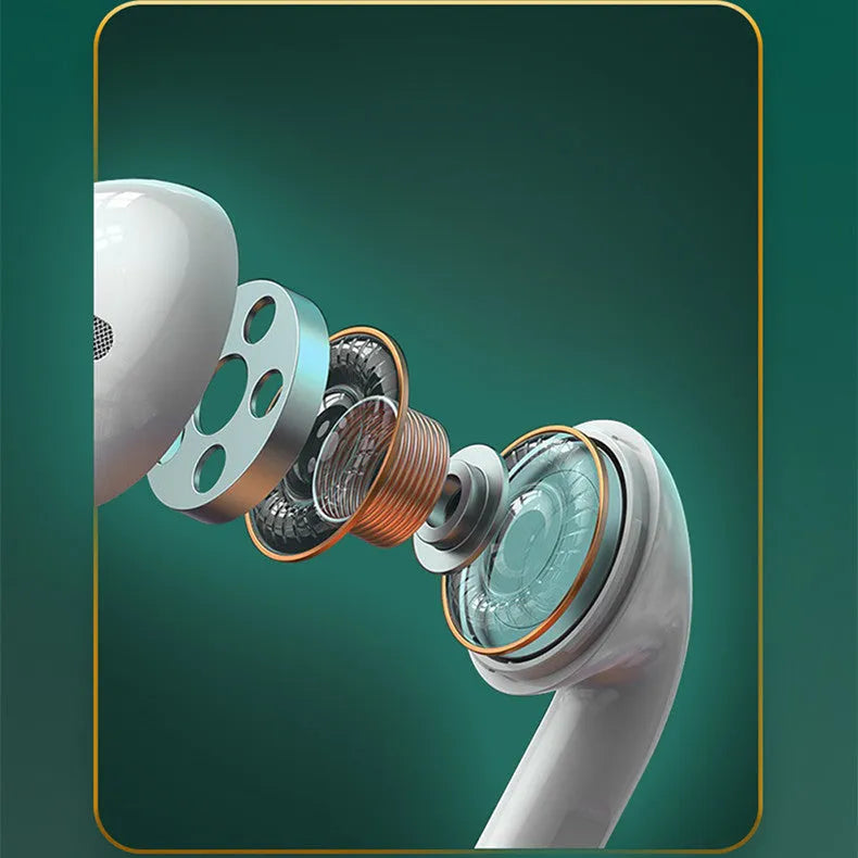 White Wireless Budz5 Bluetooth earbuds with semi-in-ear design and charging case on a grey background.