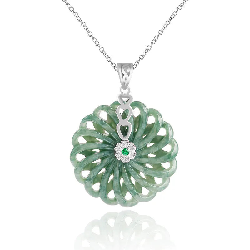 Green jade pendant necklace with silver-plated chain, unisex national style design