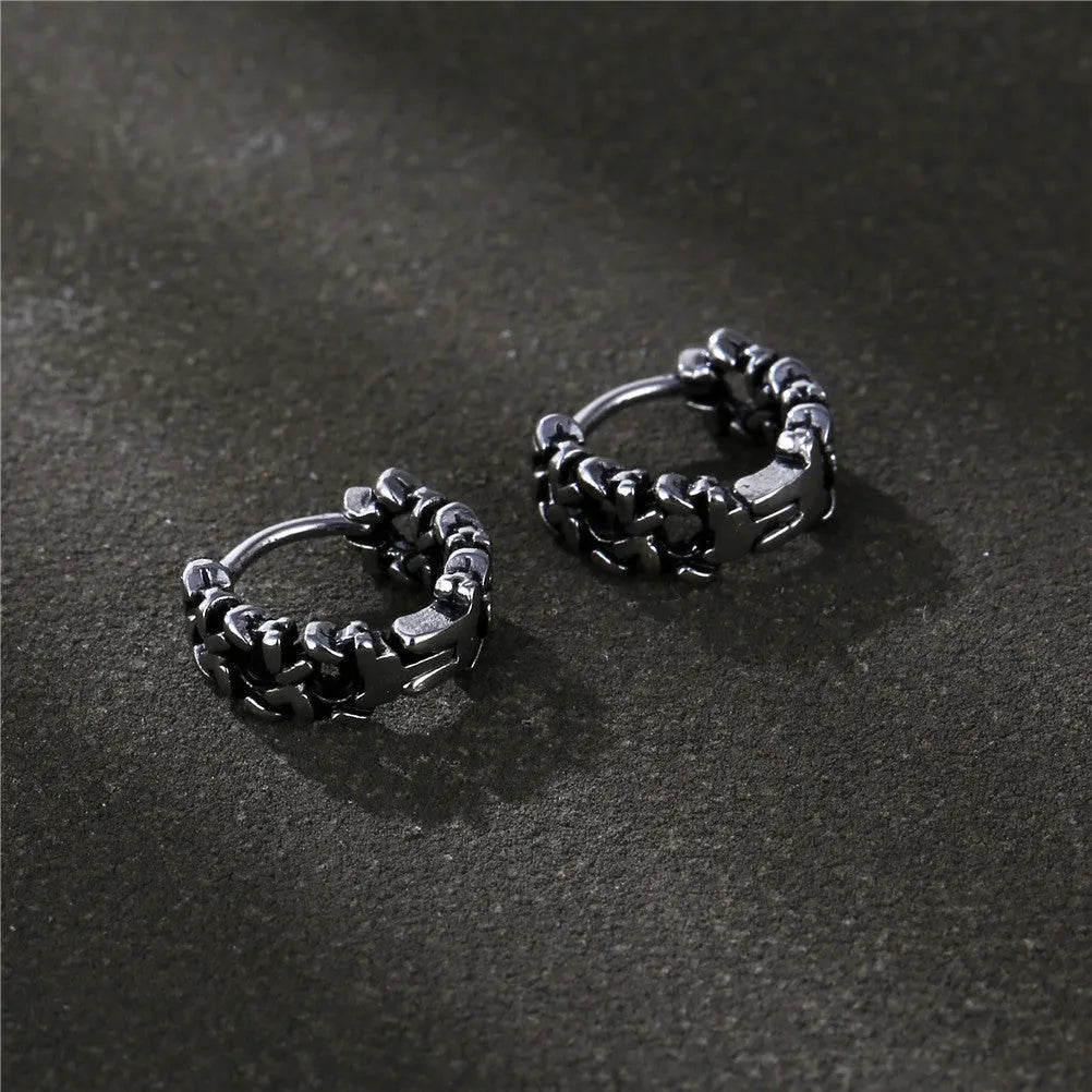 West Coast men's geometric copper hip hop earrings in silver, showing 10mm and 14mm sizes.