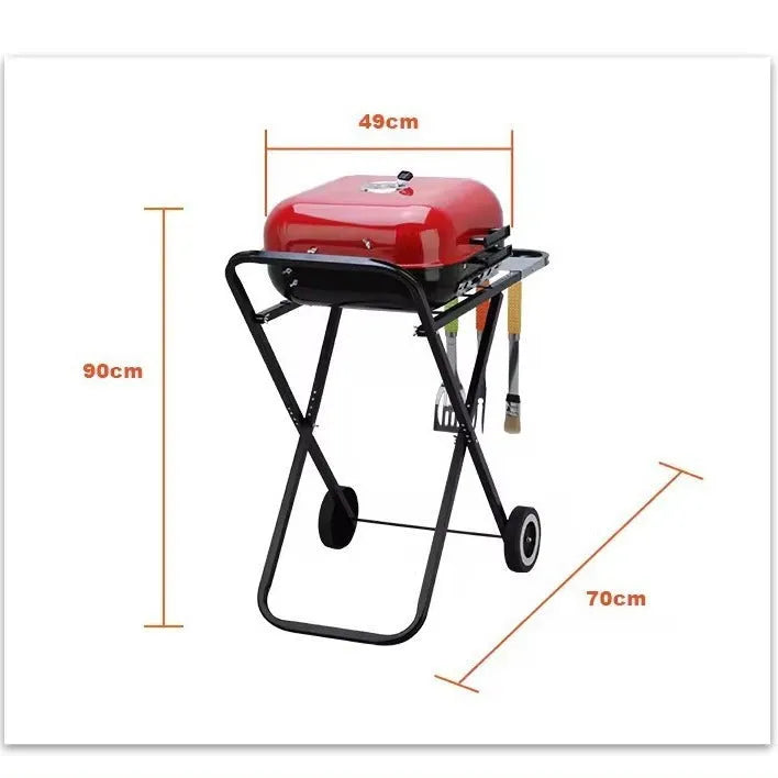 Outdoor courtyard barbecue grill with folding bicycle hand push, 42.5x50cm grill plate, and shelf