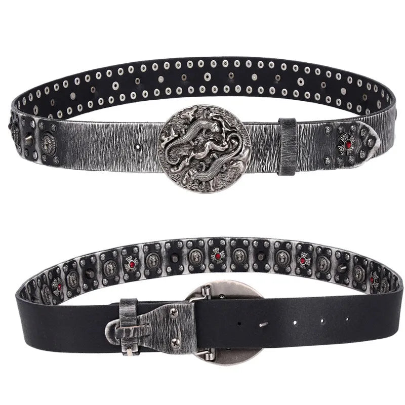 Men's genuine leather belt with punk rivets and an alloy buckle in a retro colour