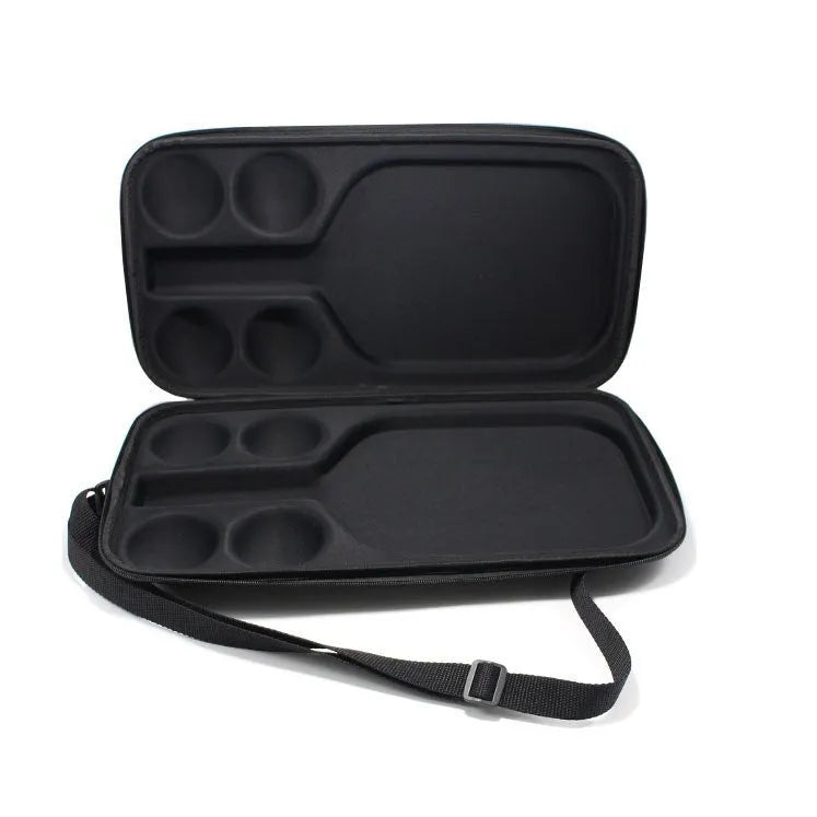 Black EVA pickleball storage bag with shoulder strap, showing dimensions of 45cm by 25cm by 8cm.