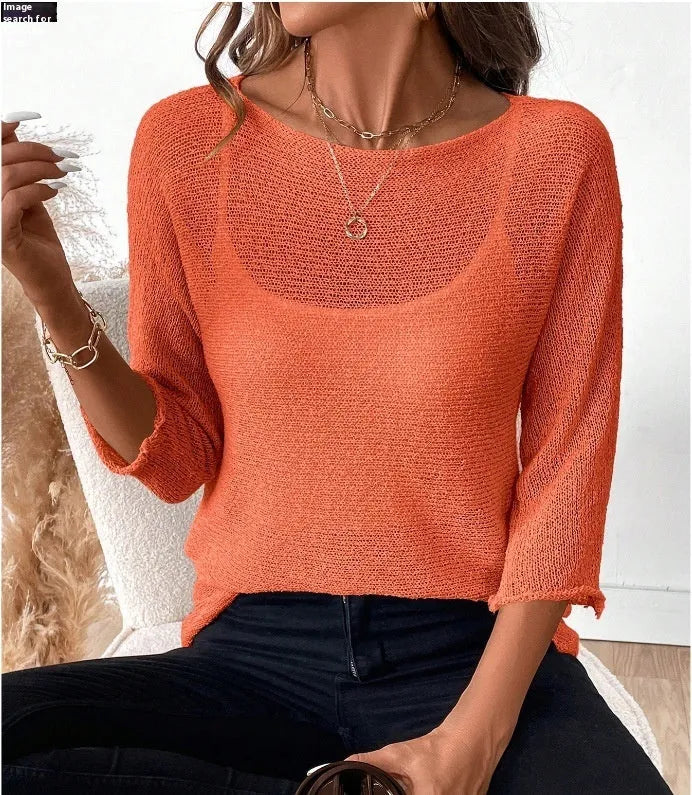 Women's thin knitted off-shoulder jumper in lavender purple with a 3D pattern and 3/4 sleeves.