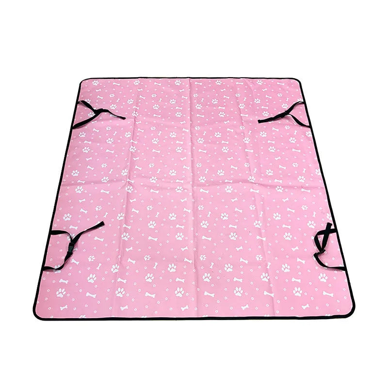 Cloth car pet mat for rear seat protection in multiple colours and dog-themed prints.