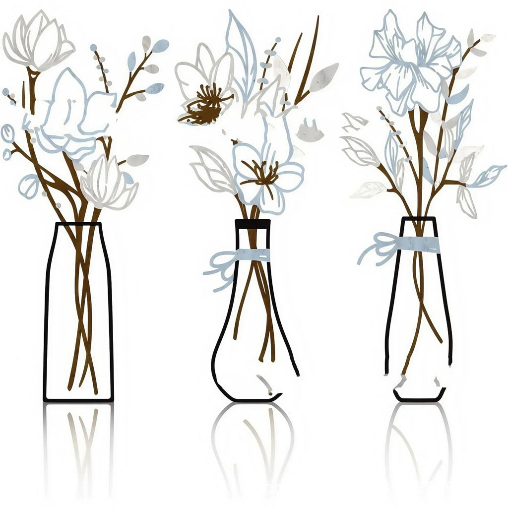 Set of three modern metal flower and vase wall art decorations in a choice of four colours.