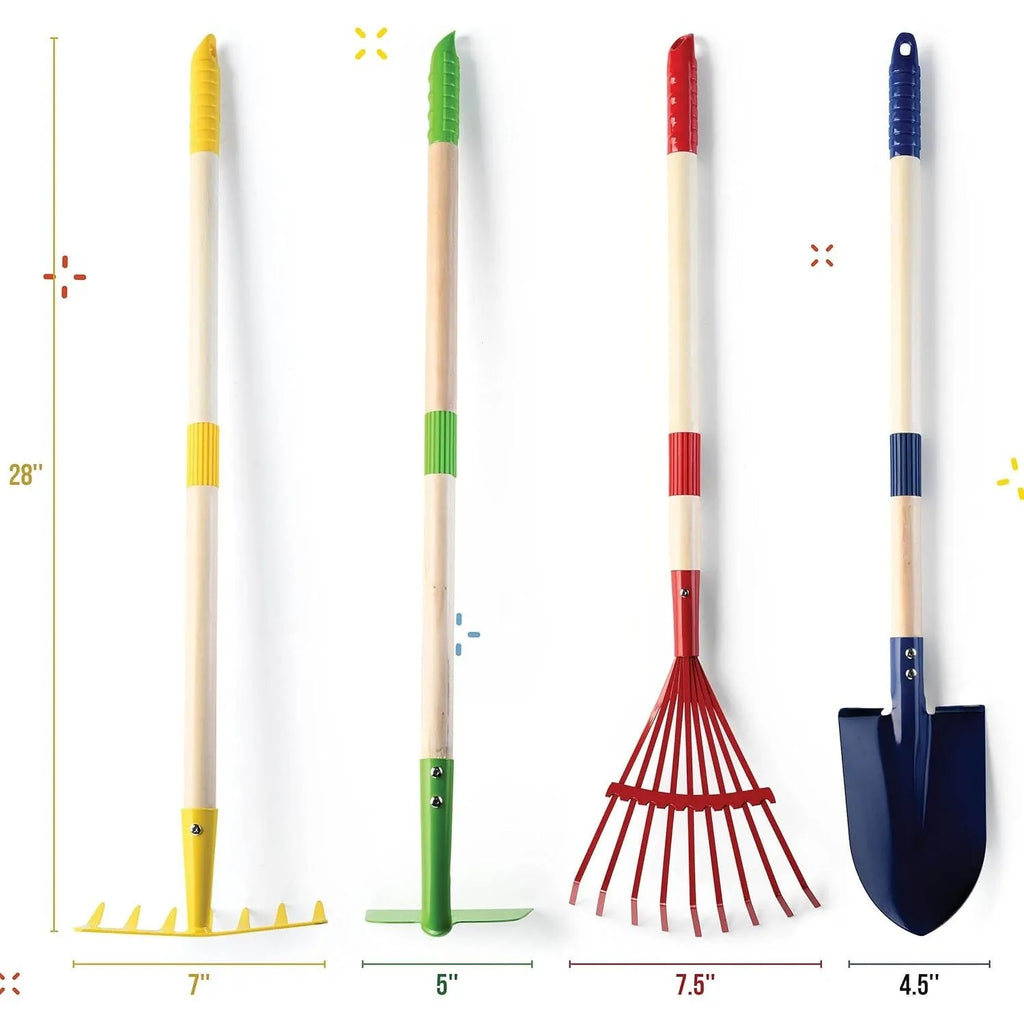 Children's 6-piece green gardening tools set with 45 steel rake and digging tools
